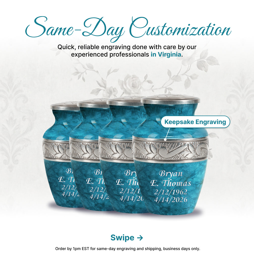 Blue Teal Marble & Silver Hand-Engraved Cremation Urn