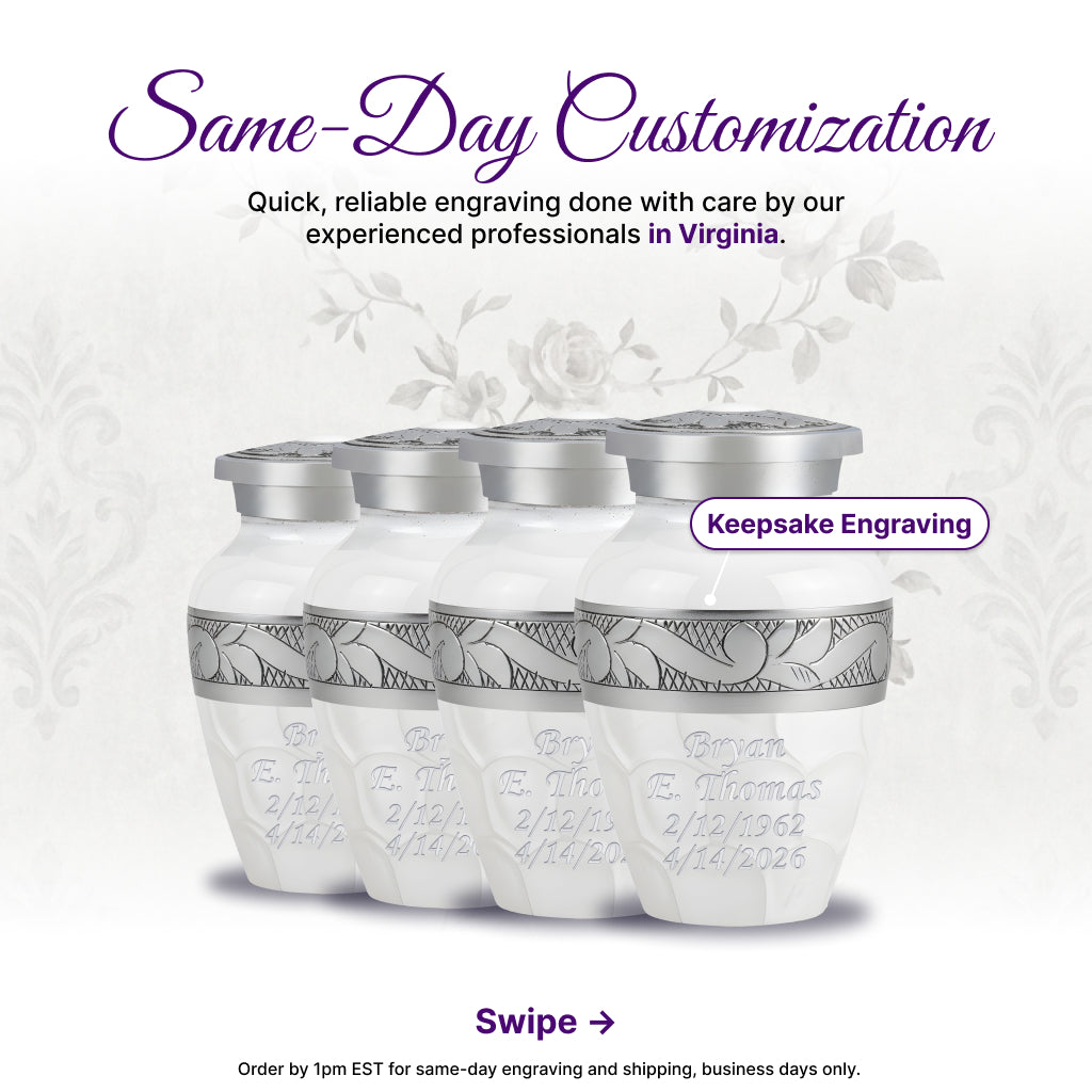 White Patch & Silver Hand-Engraved Cremation Urn