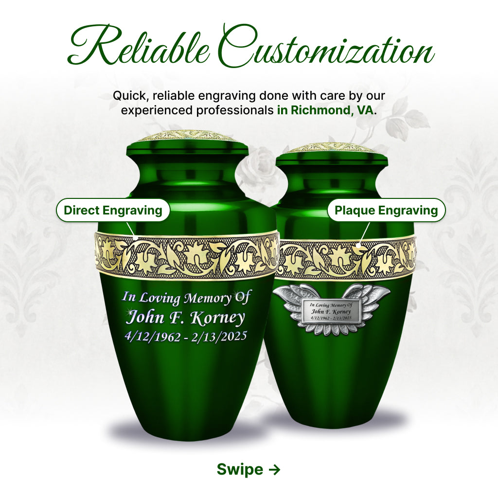 Green & Gold Engraved Grecian Cremation Urn