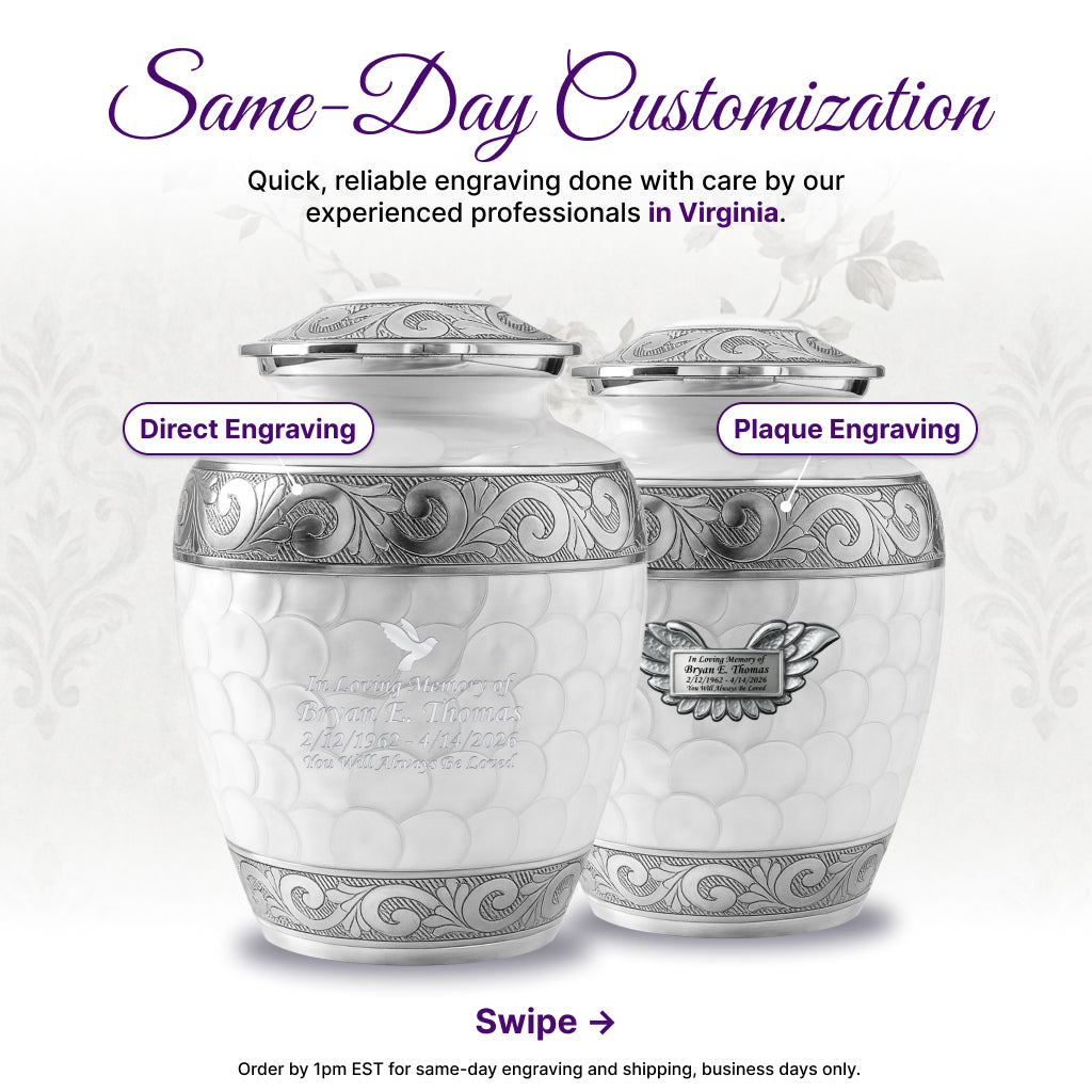 White Patch & Silver Hand-Engraved Cremation Urn