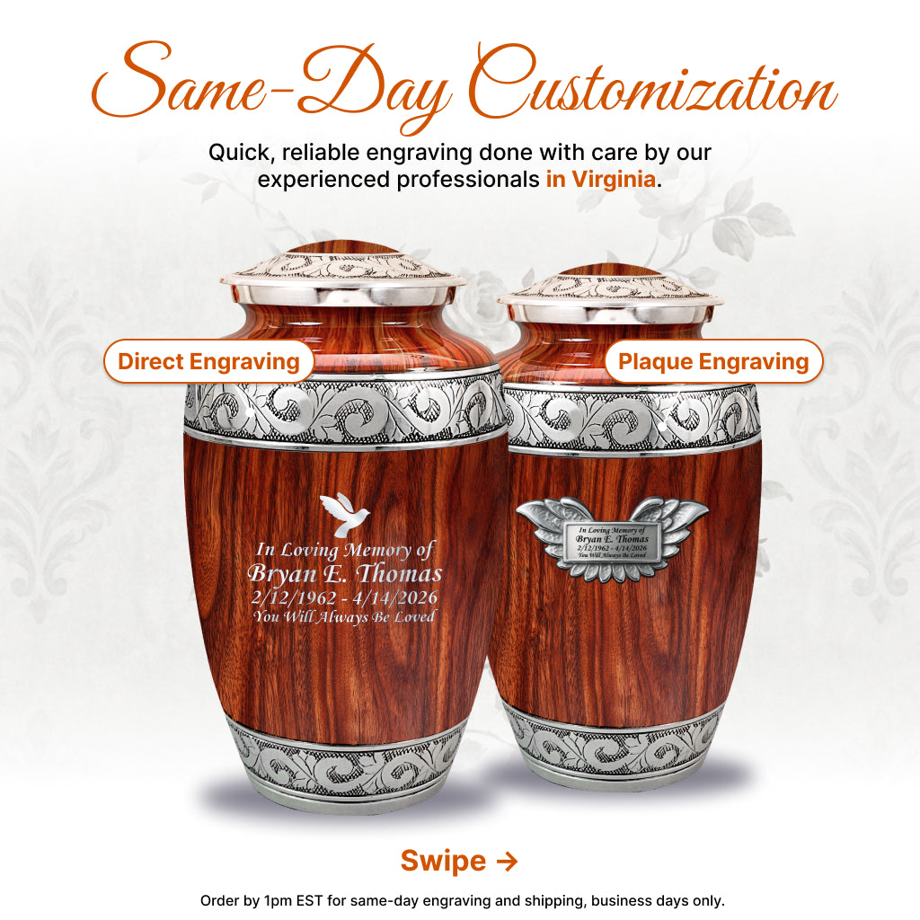 Printed Wood & Silver Hand-Engraved Cremation Urn