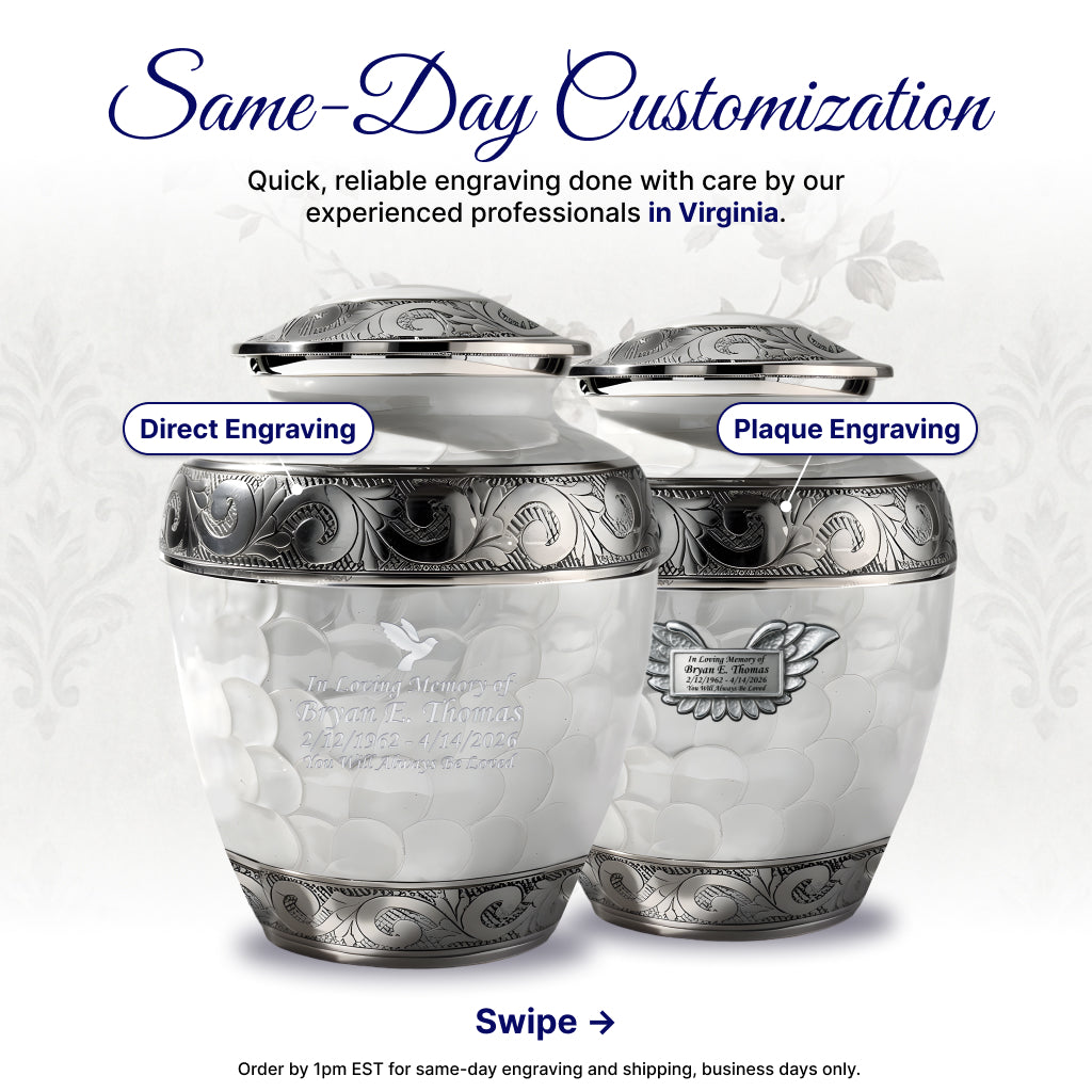 White Patch & Silver Hand-Engraved Cremation Urn