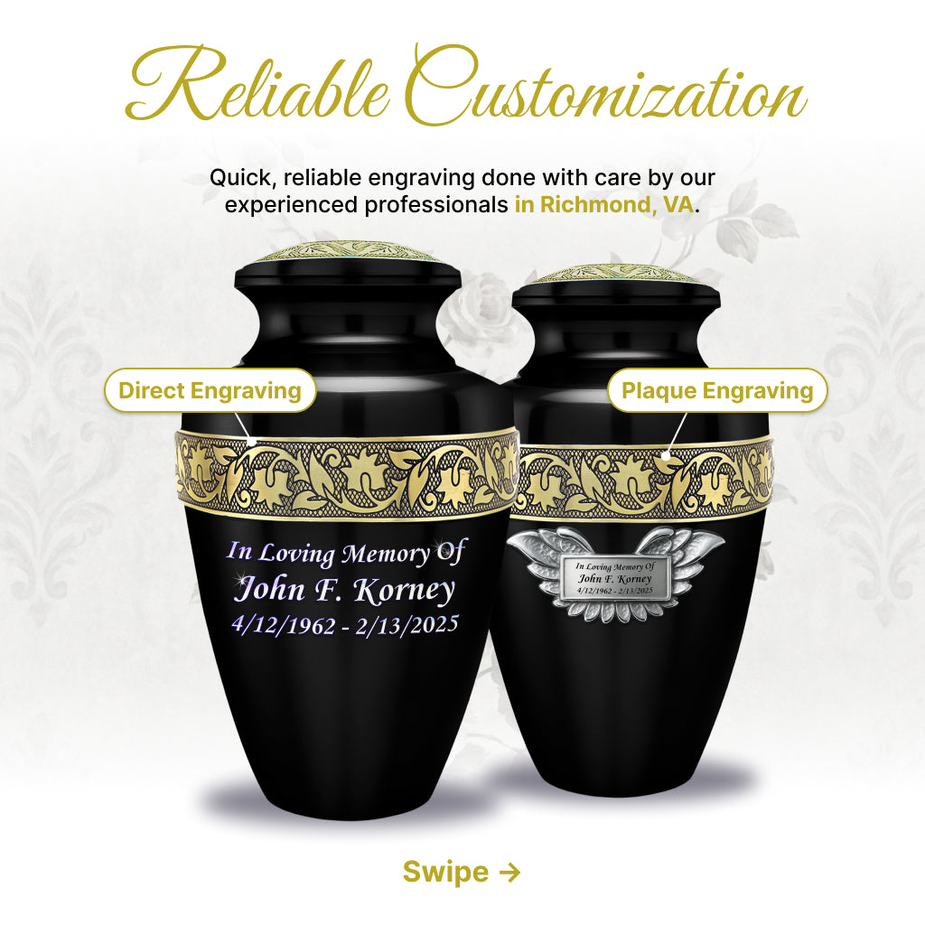 Black & Gold Engraved Grecian Cremation Urn