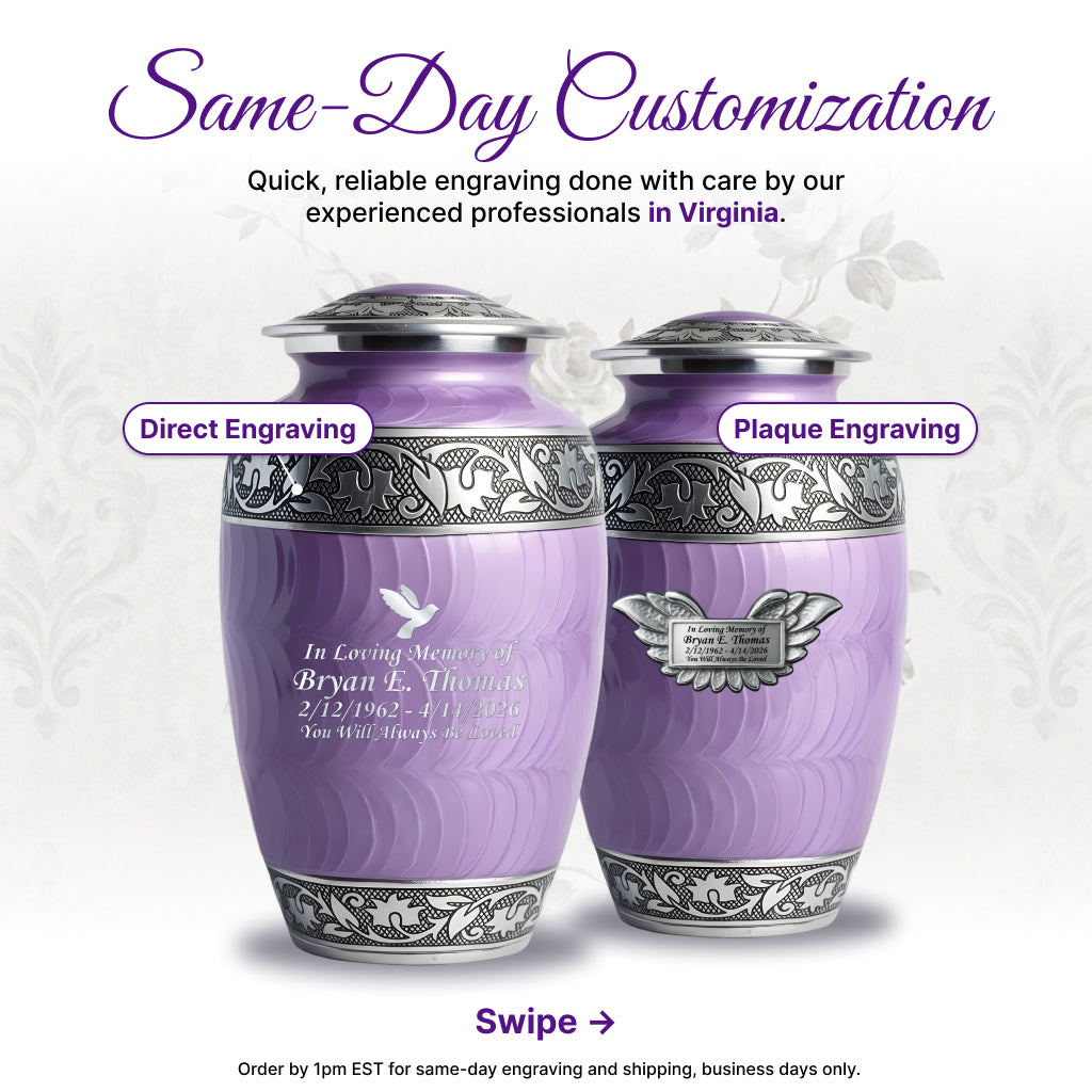 Purple Patch & Silver Engraved Cremation Urn