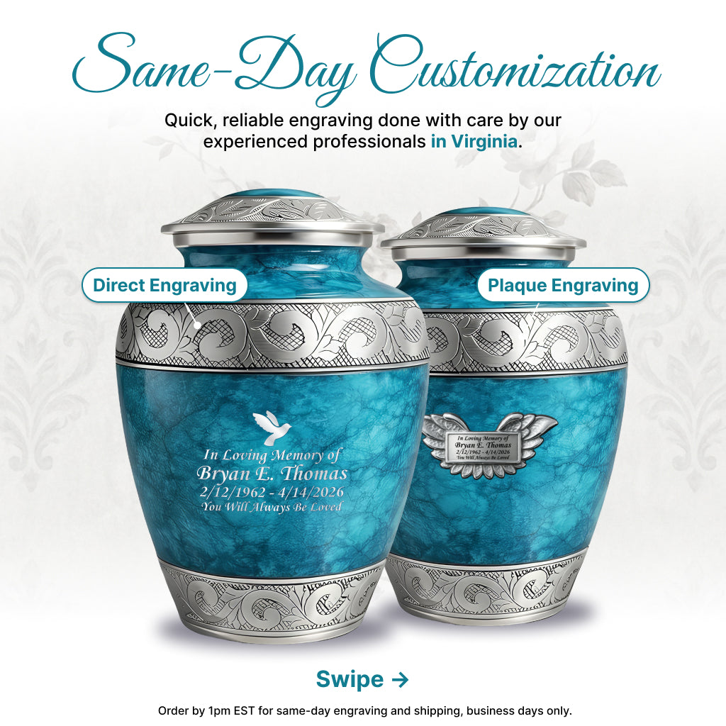 Blue Teal Marble & Silver Hand-Engraved Cremation Urn
