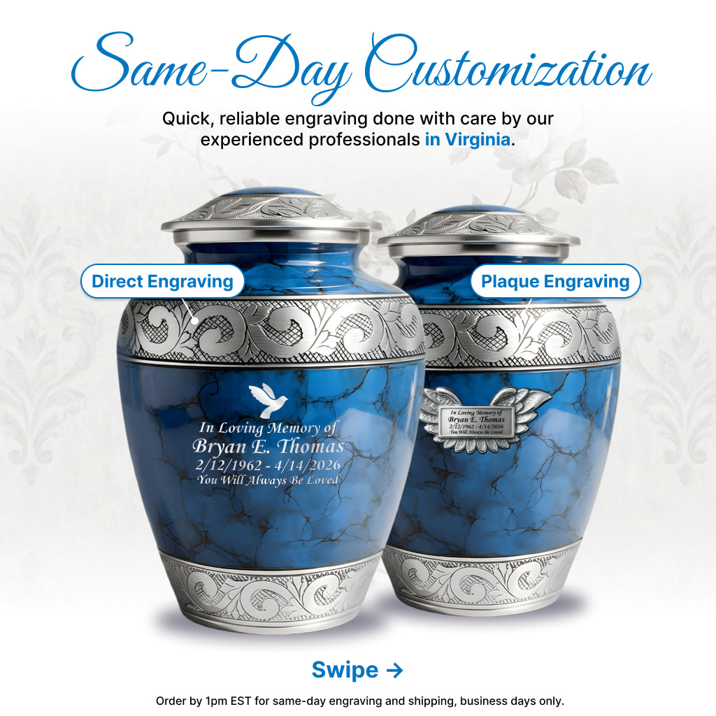Blue Patch & Silver Engraved Cremation Urn