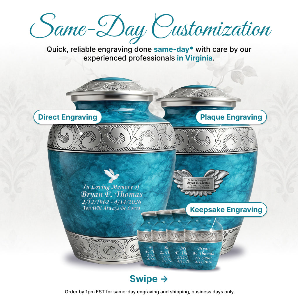 Blue Teal Marble & Silver Hand-Engraved Cremation Urn