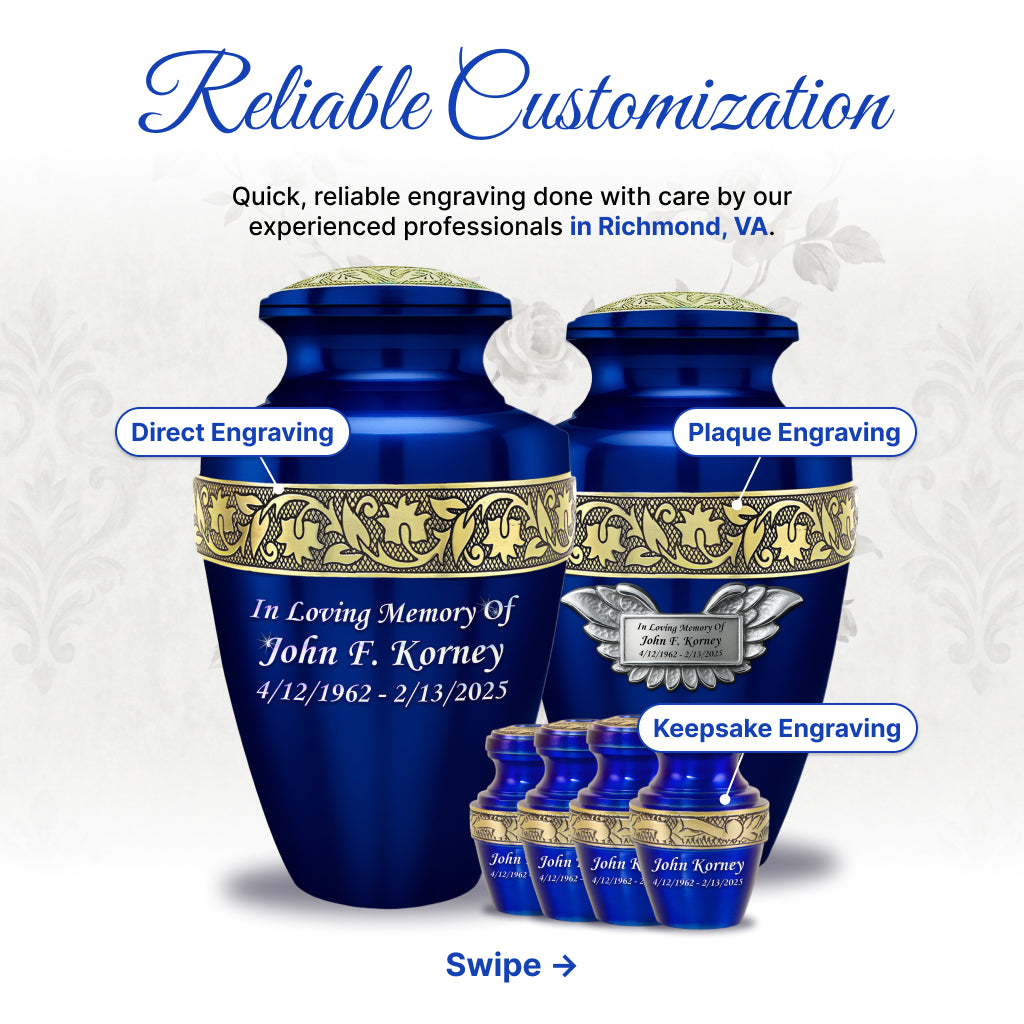 Blue & Gold Engraved Grecian Cremation Urn