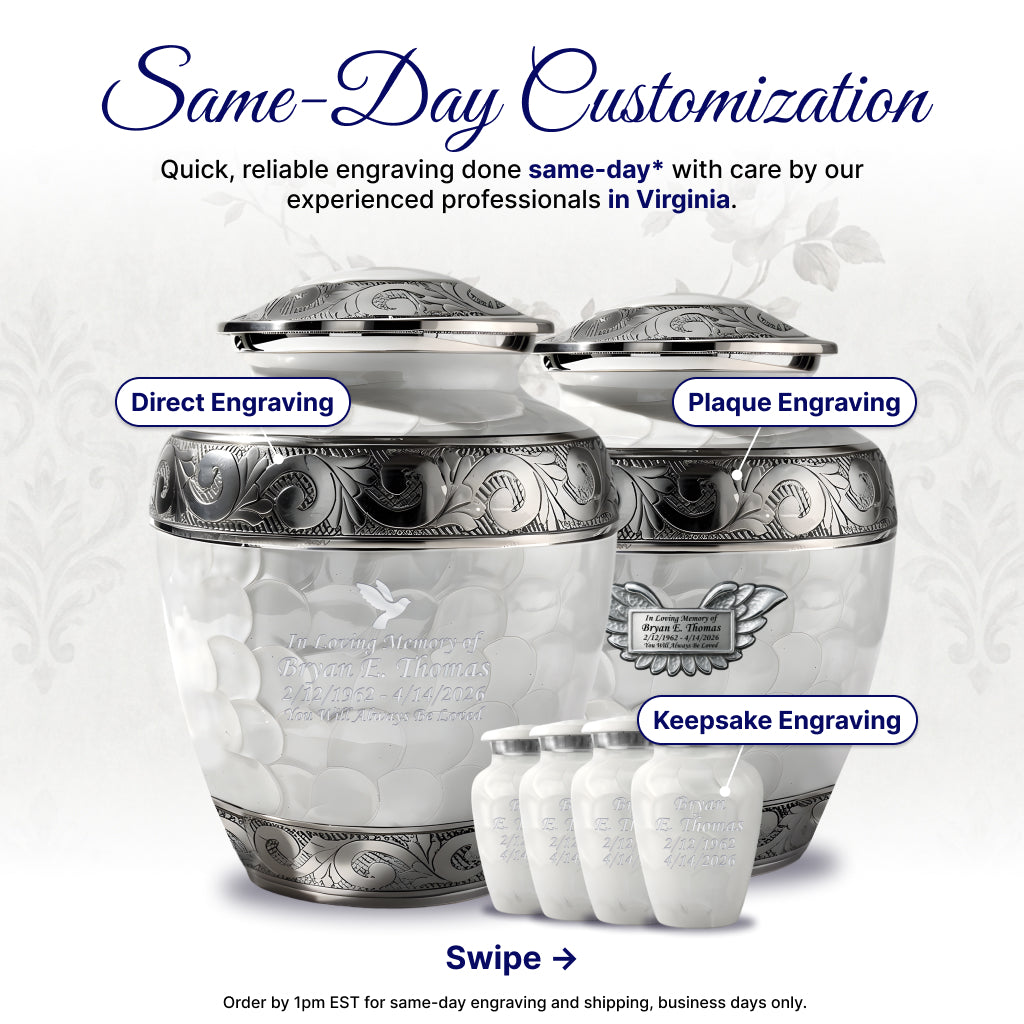 White Patch & Silver Hand-Engraved Cremation Urn