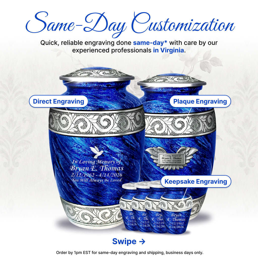 Eternal Blue & Silver Hand-Engraved Cremation Urn