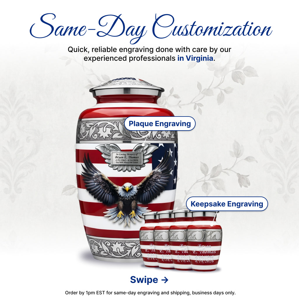 American Flag & Silver Engraved Cremation Urn
