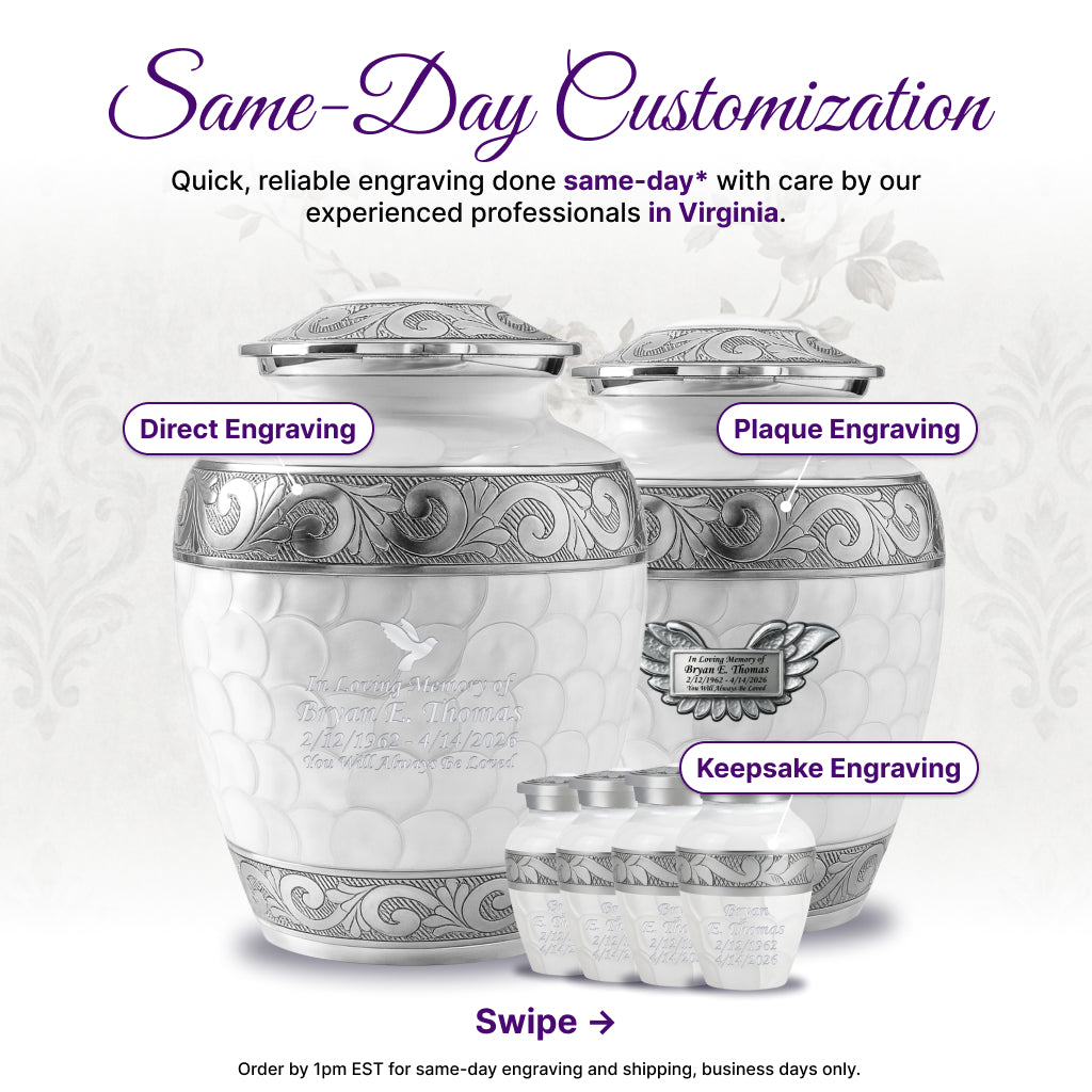 White Patch & Silver Hand-Engraved Cremation Urn