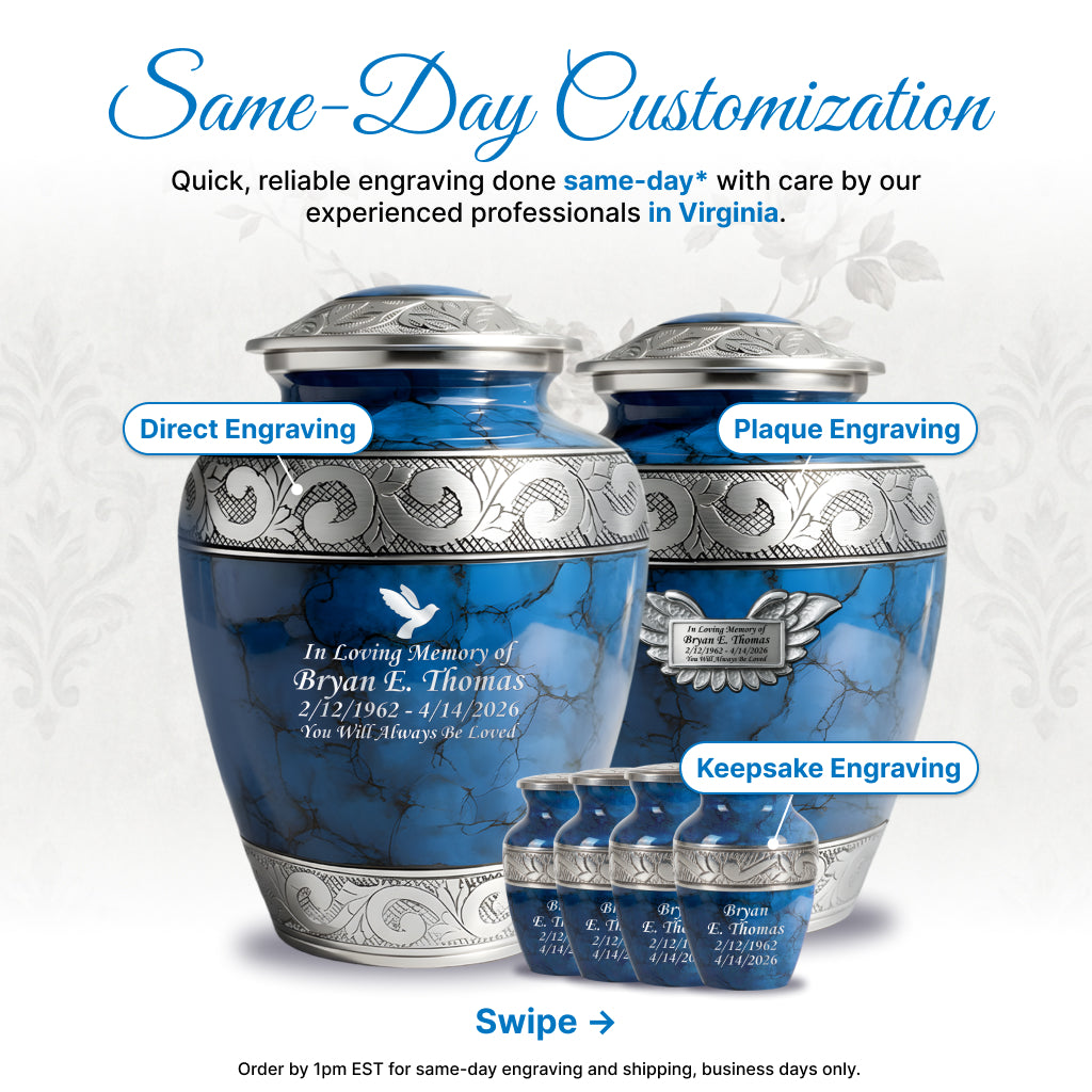 Blue Patch & Silver Engraved Cremation Urn