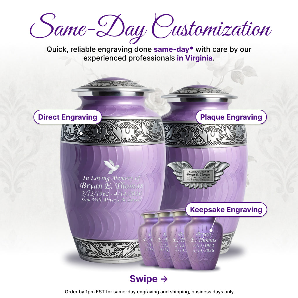 Purple Patch & Silver Engraved Cremation Urn