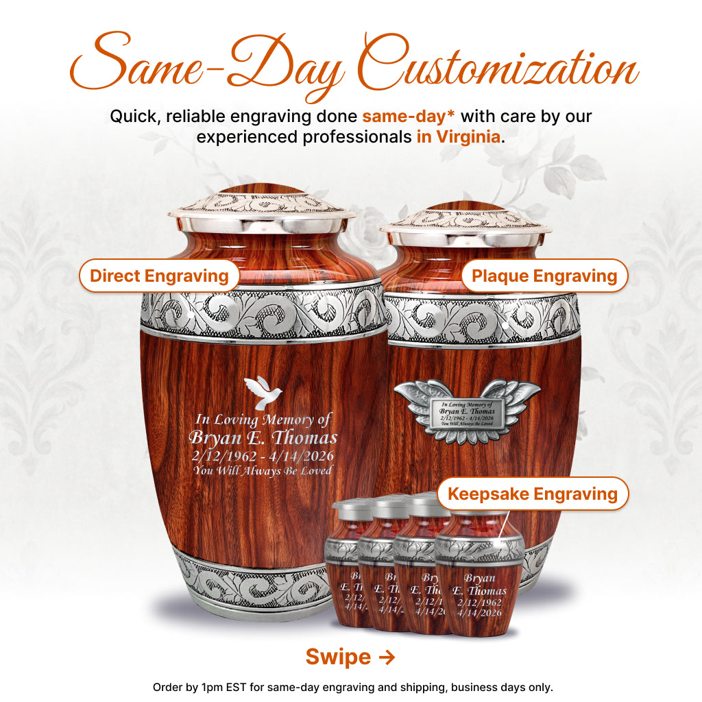 Printed Wood & Silver Hand-Engraved Cremation Urn