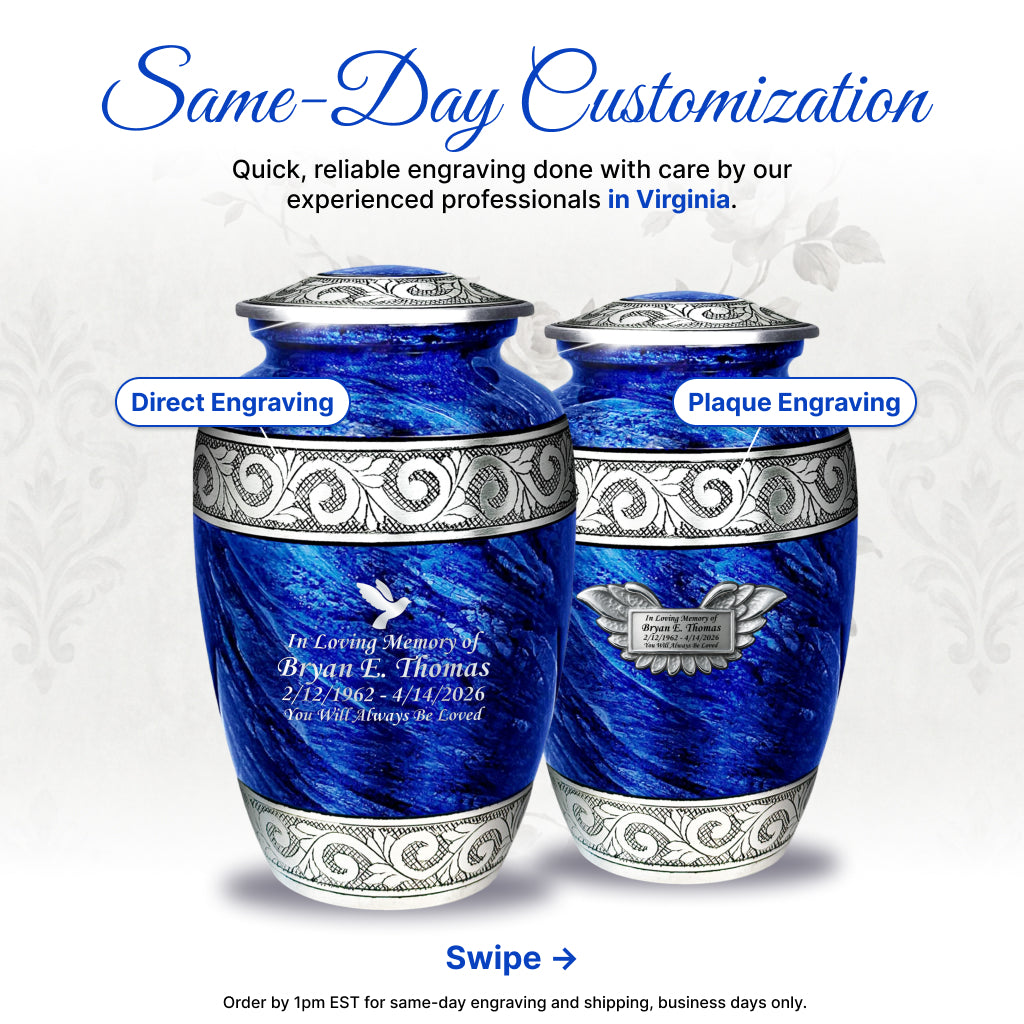 Eternal Blue & Silver Hand-Engraved Cremation Urn
