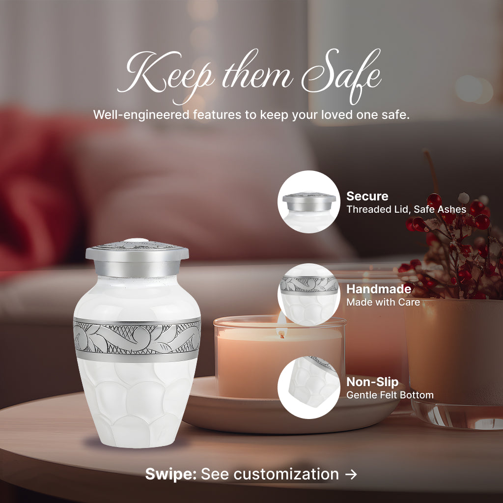 White Patch & Silver Hand-Engraved Cremation Urn