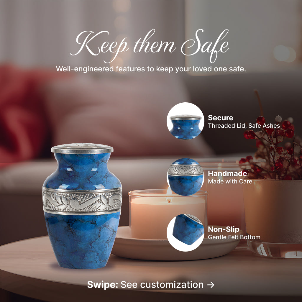 Blue Patch & Silver Engraved Cremation Urn