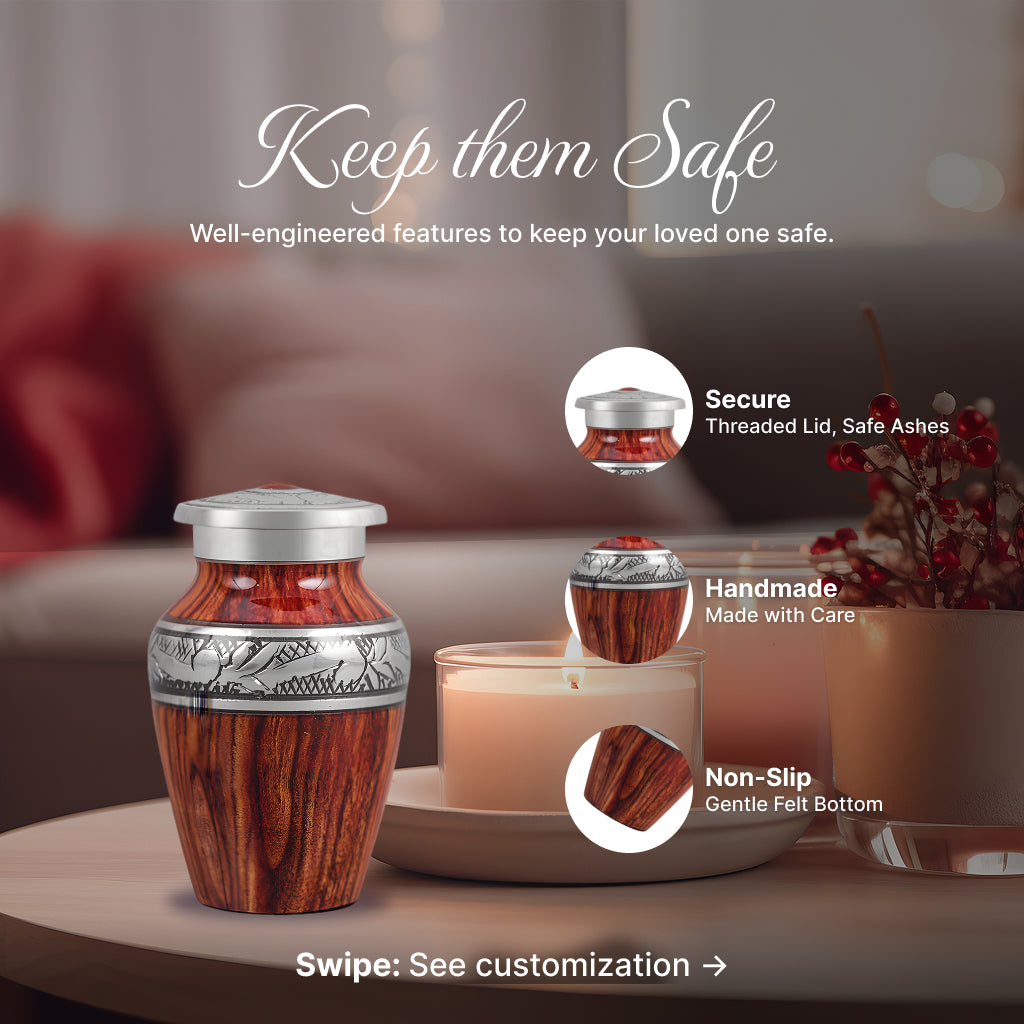 Printed Wood & Silver Hand-Engraved Cremation Urn