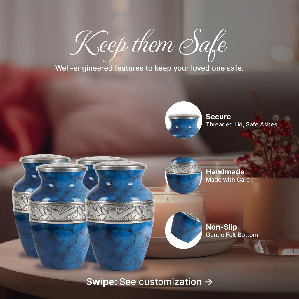 Blue Patch & Silver Engraved Cremation Urn