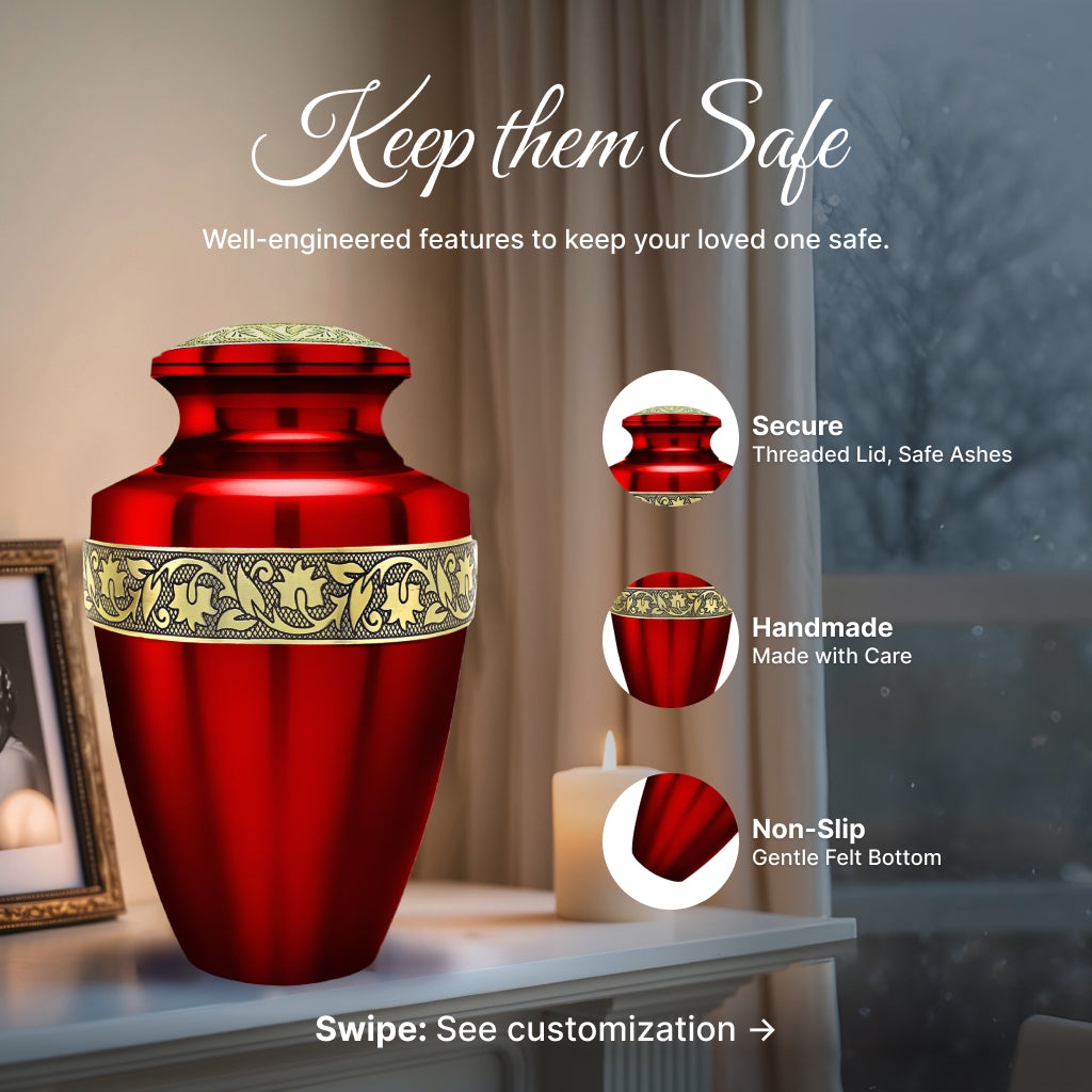 Red & Gold Engraved Grecian Cremation Urn