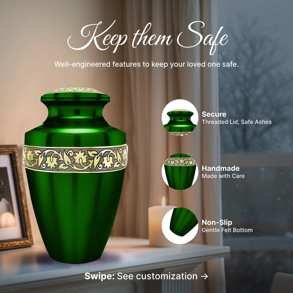 Green & Gold Engraved Grecian Cremation Urn