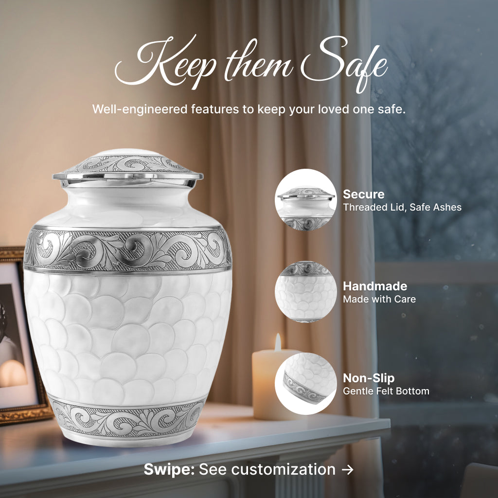 White Patch & Silver Hand-Engraved Cremation Urn