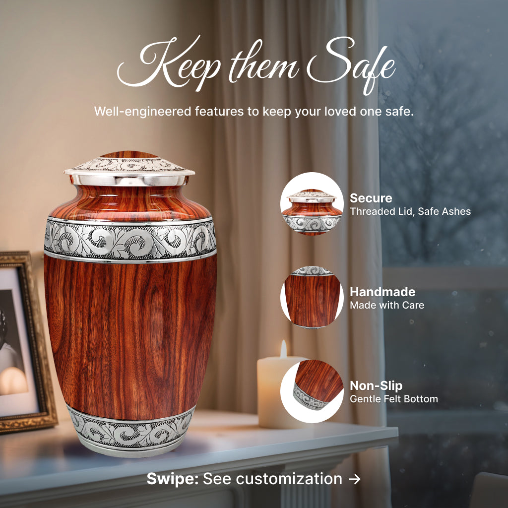 Printed Wood & Silver Hand-Engraved Cremation Urn