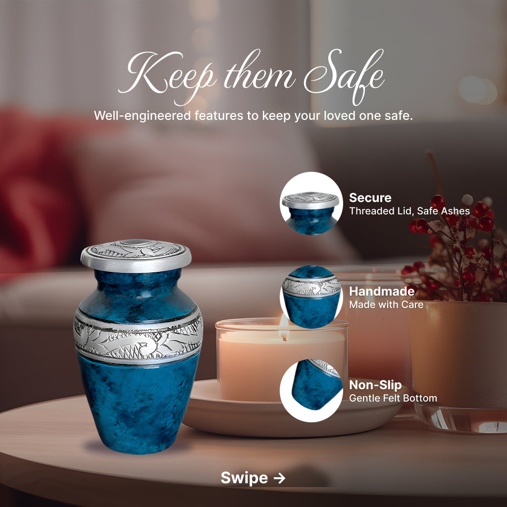 Blue Teal Marble & Silver Hand-Engraved Cremation Urn