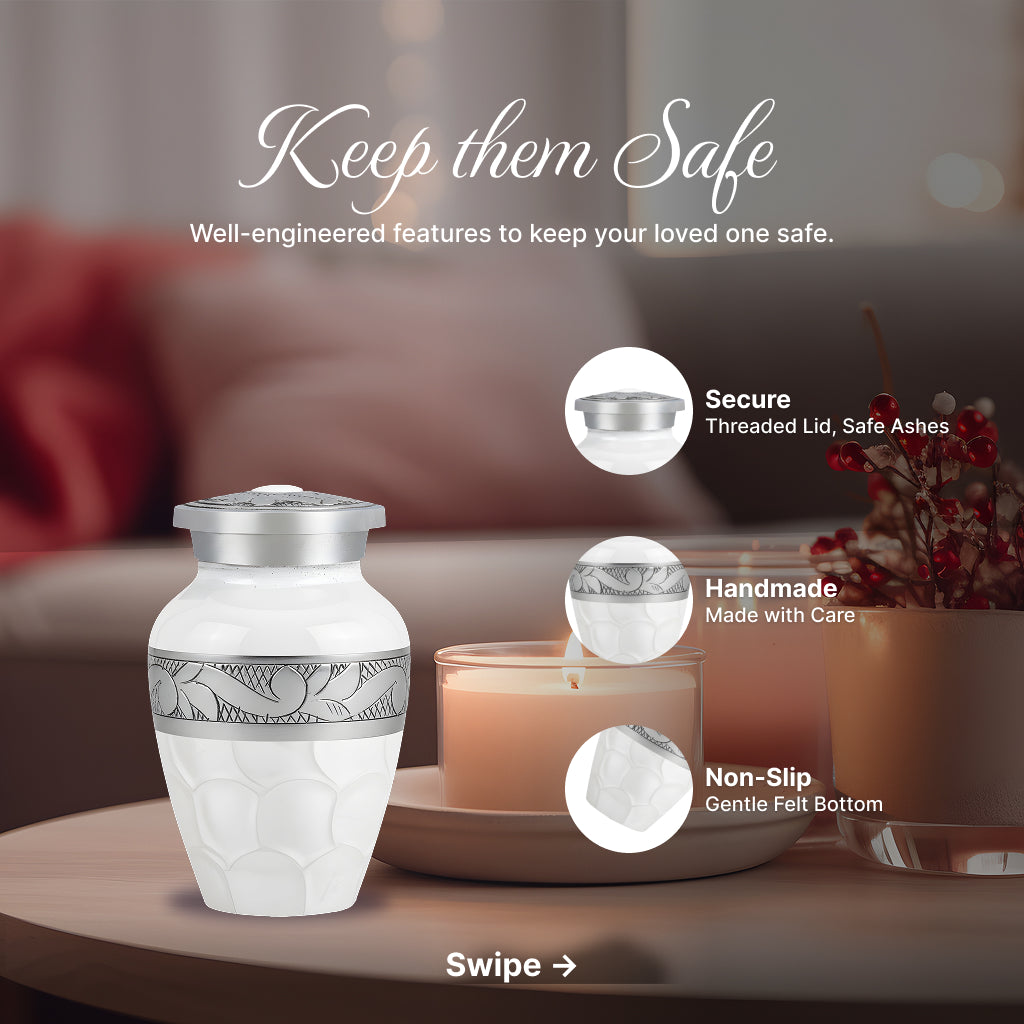 White Patch & Silver Hand-Engraved Cremation Urn