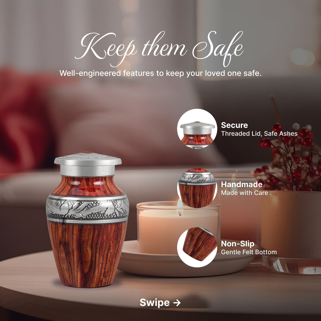 Printed Wood & Silver Hand-Engraved Cremation Urn