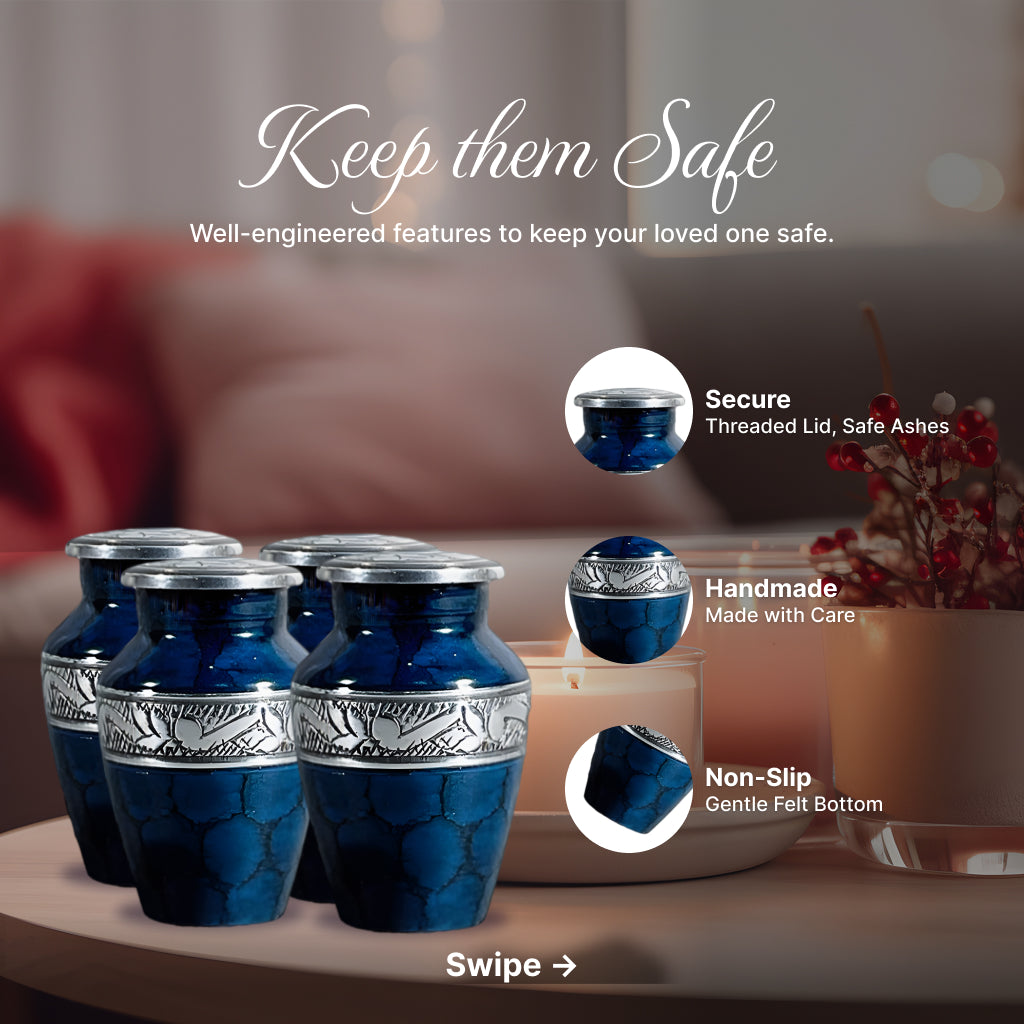 Blue Patch & Silver Engraved Cremation Urn