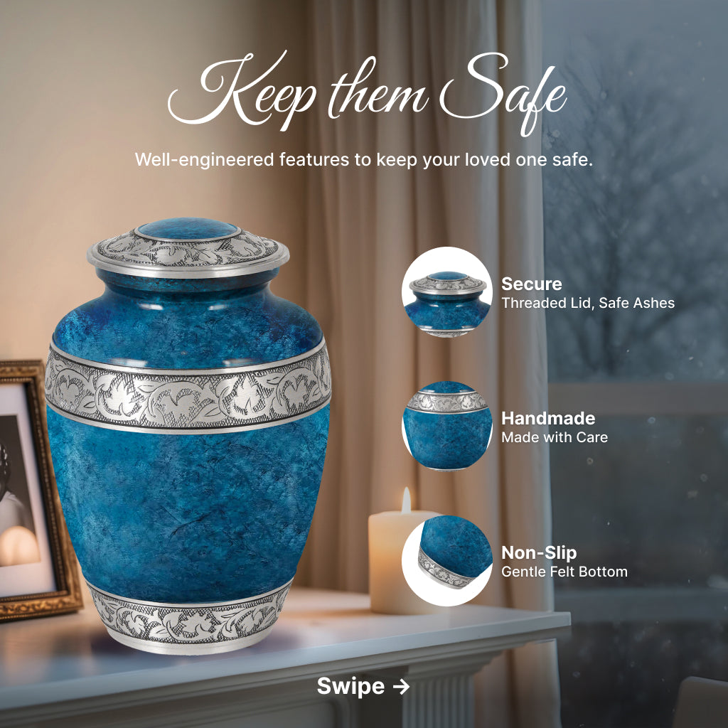 Blue Teal Marble & Silver Hand-Engraved Cremation Urn