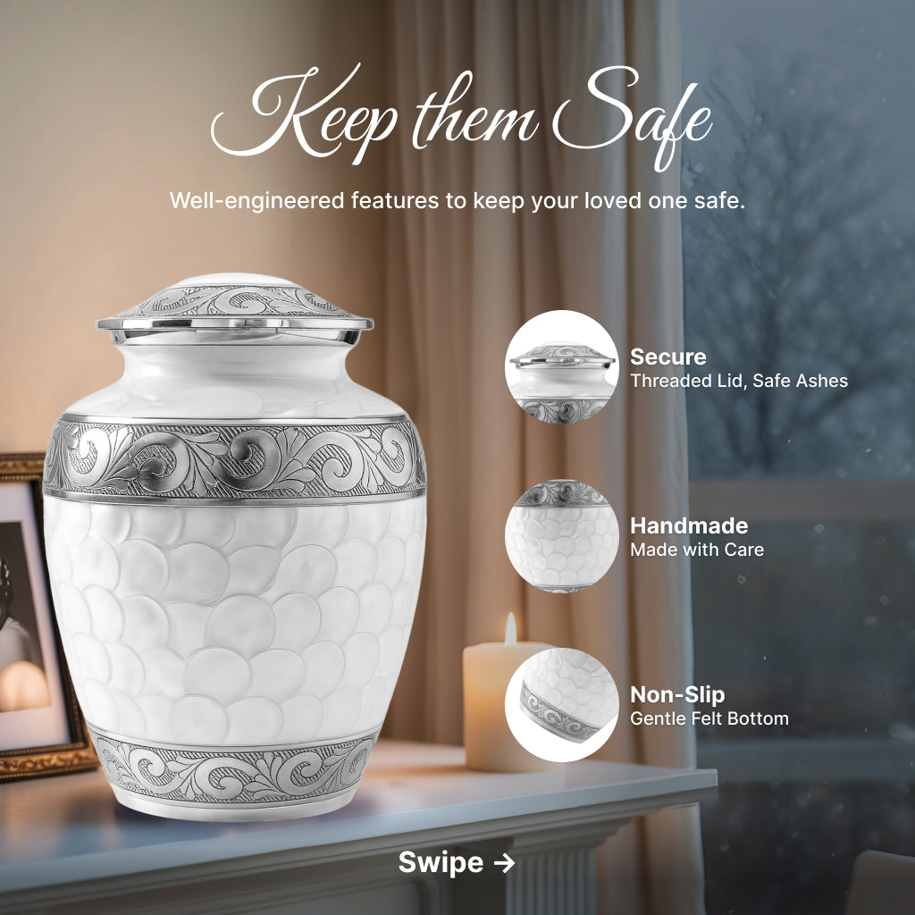 White Patch & Silver Hand-Engraved Cremation Urn