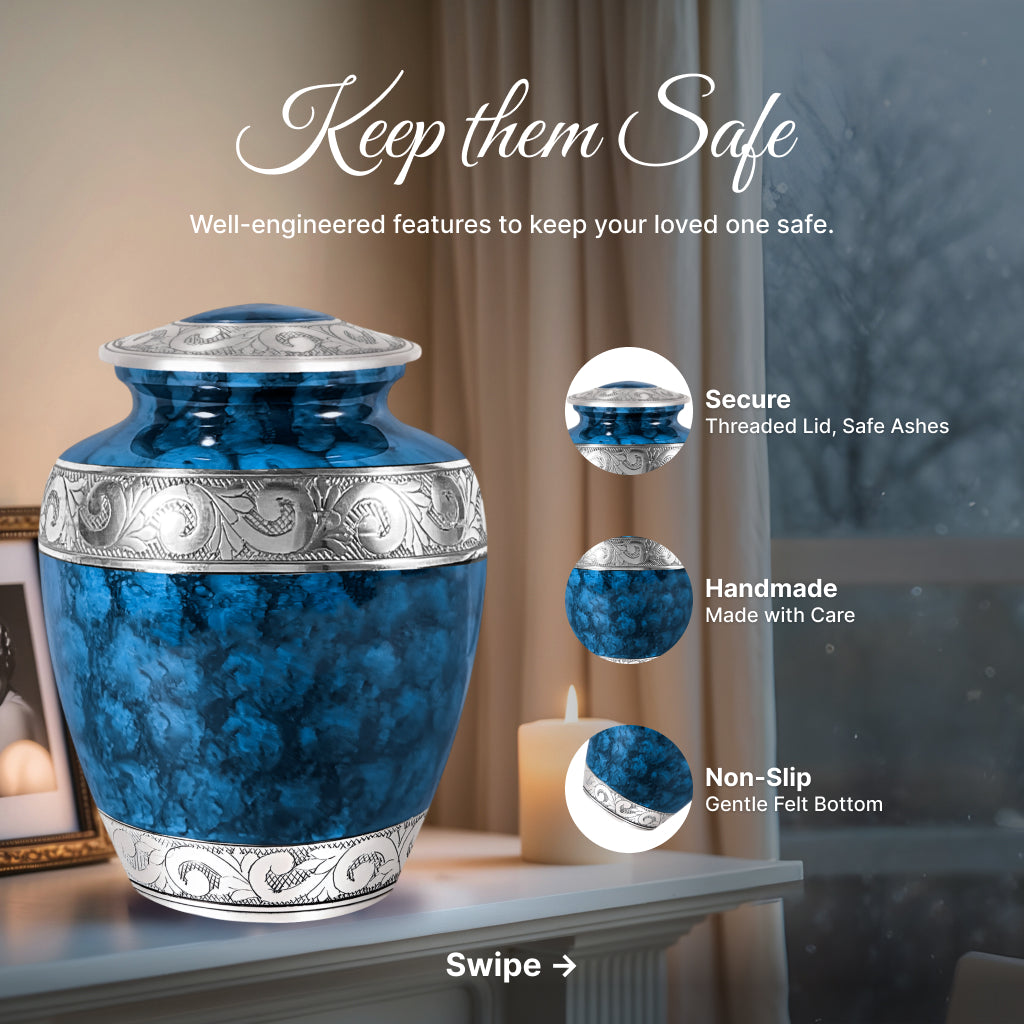 Blue Patch & Silver Engraved Cremation Urn
