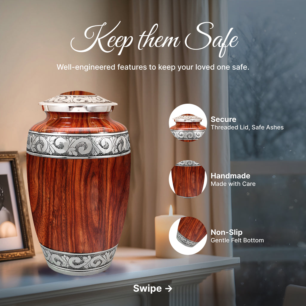 Printed Wood & Silver Hand-Engraved Cremation Urn
