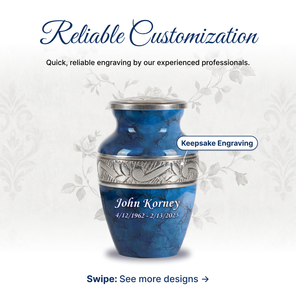 Blue Patch & Silver Engraved Cremation Urn