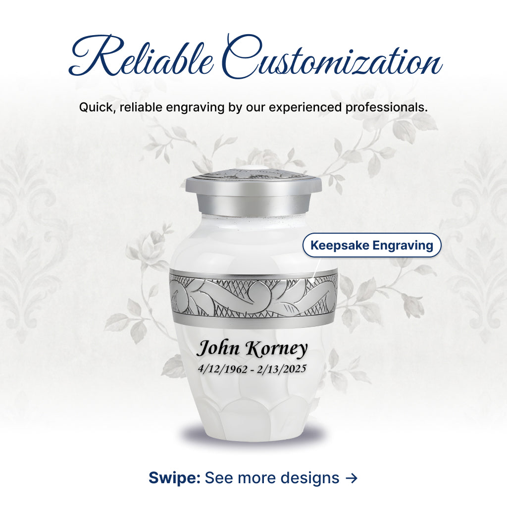 White Patch & Silver Hand-Engraved Cremation Urn