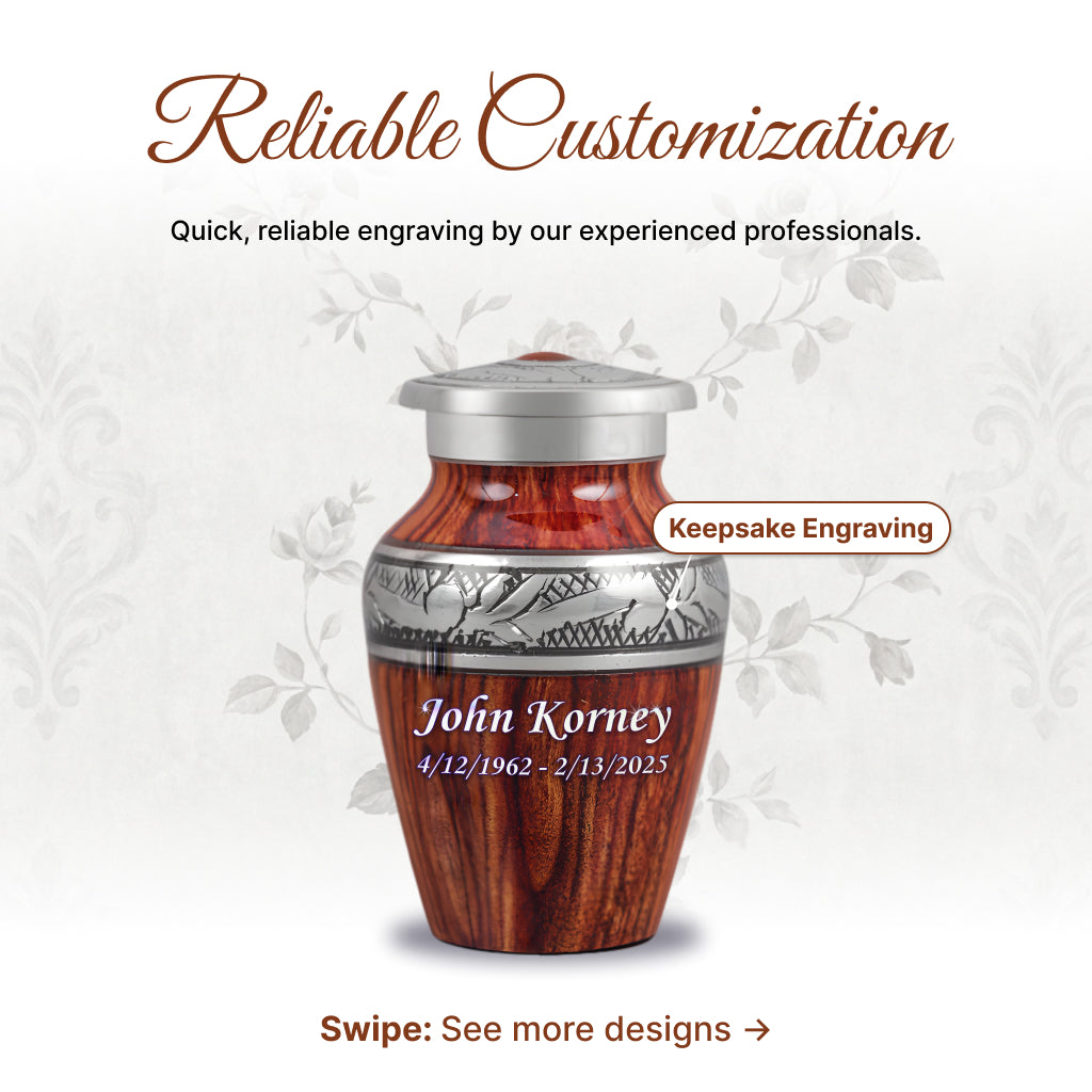 Printed Wood & Silver Hand-Engraved Cremation Urn