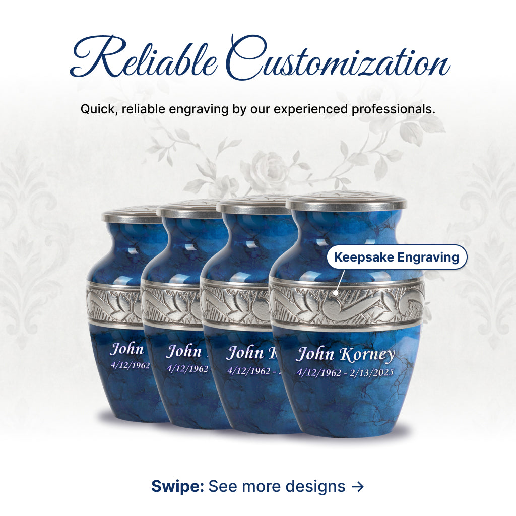 Blue Patch & Silver Engraved Cremation Urn