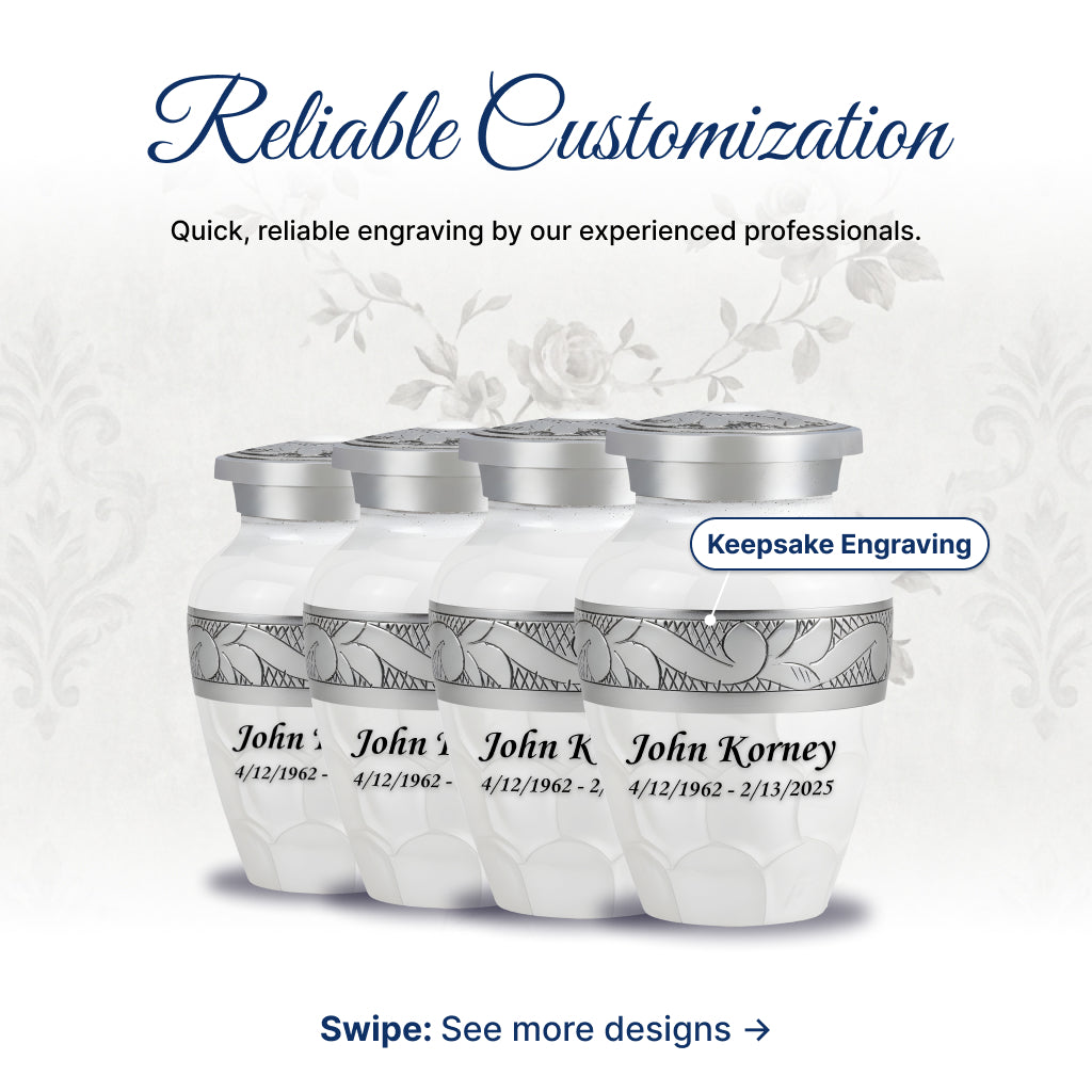 White Patch & Silver Hand-Engraved Cremation Urn