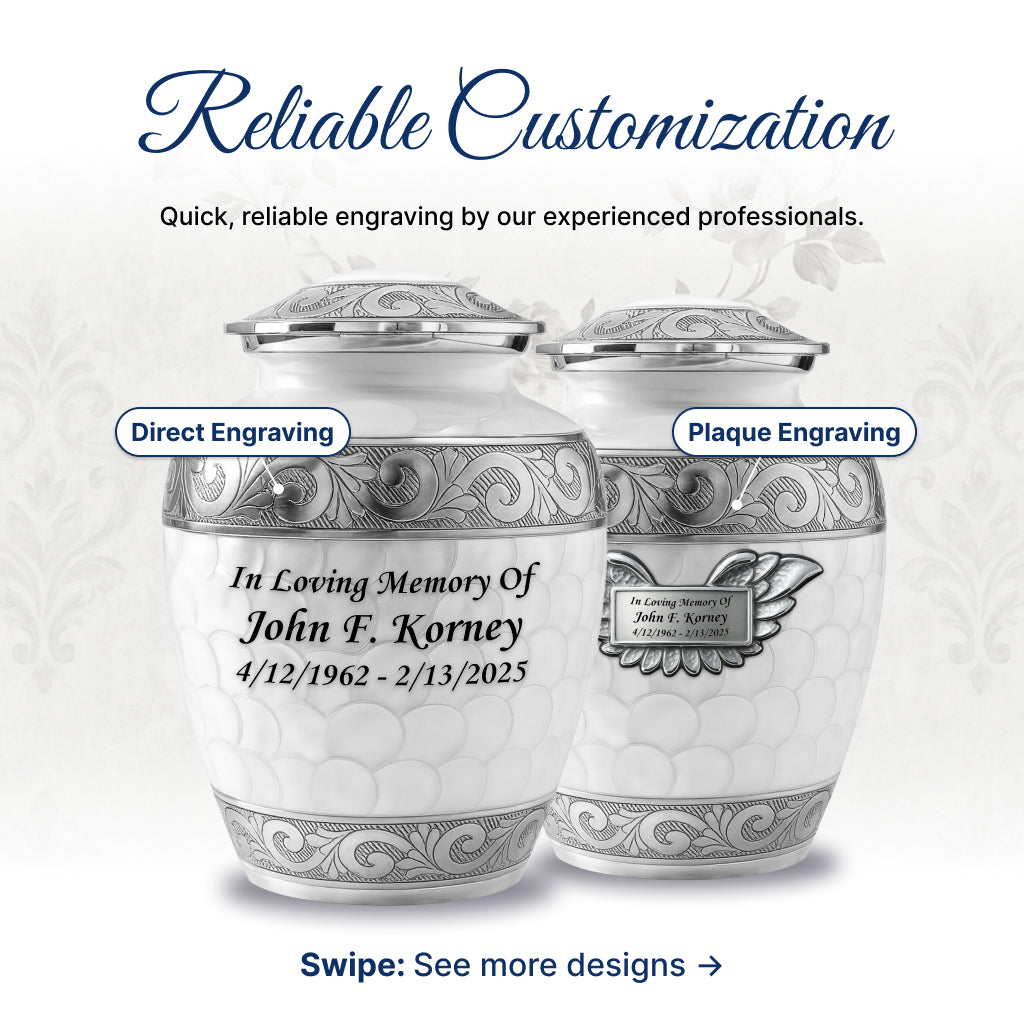 White Patch & Silver Hand-Engraved Cremation Urn
