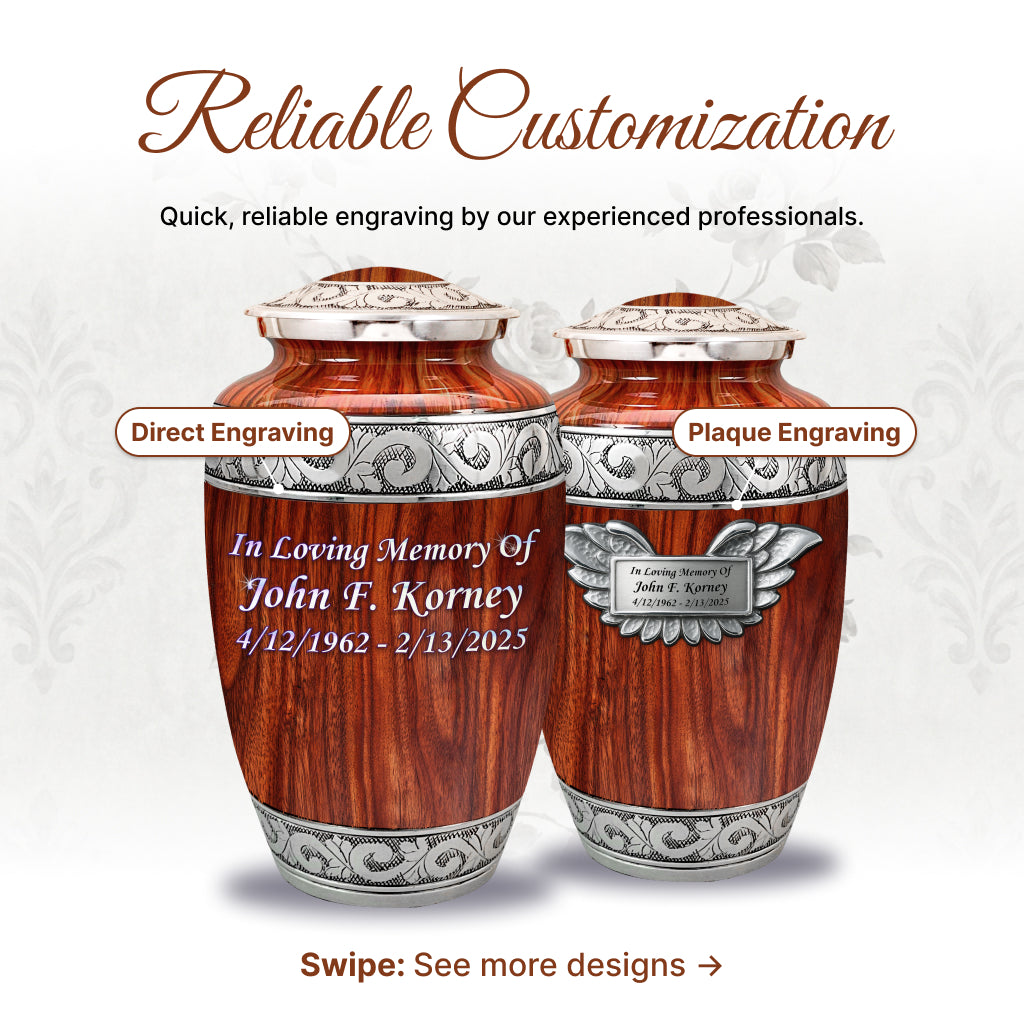 Printed Wood & Silver Hand-Engraved Cremation Urn
