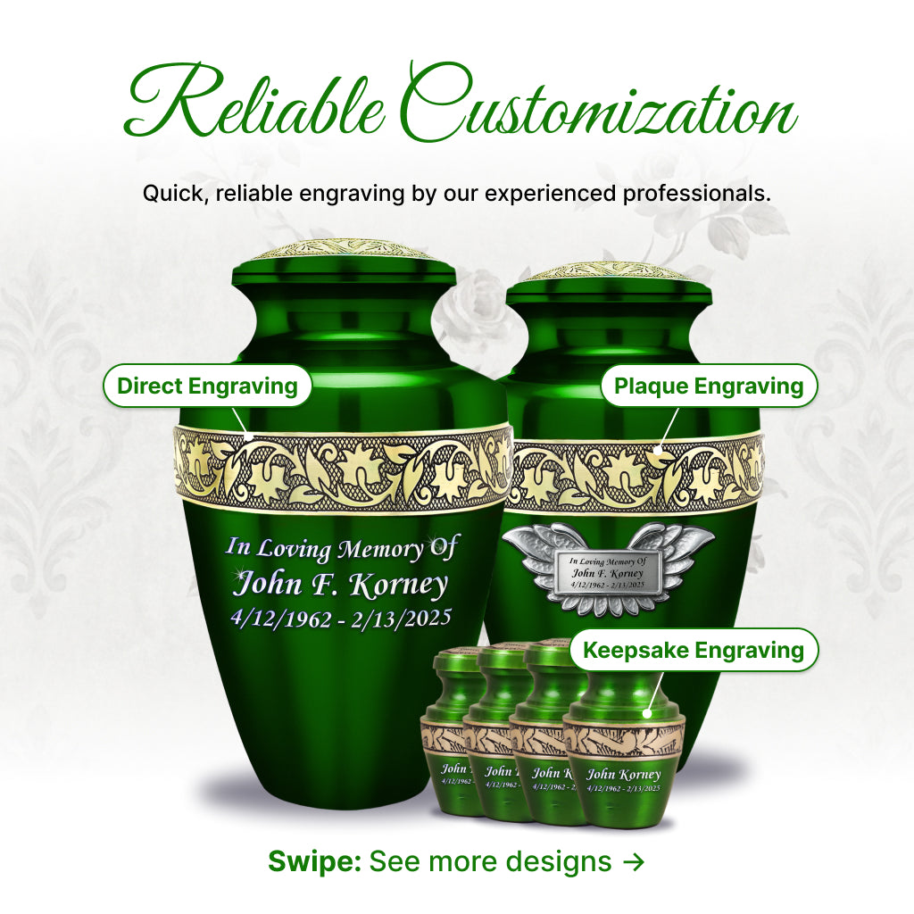 Green & Gold Engraved Grecian Cremation Urn