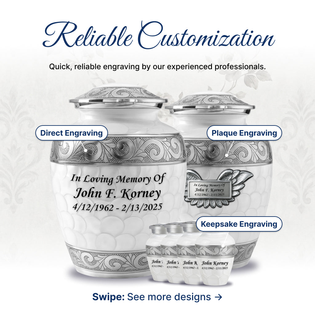 White Patch & Silver Hand-Engraved Cremation Urn