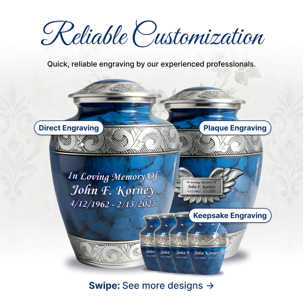 Blue Patch & Silver Engraved Cremation Urn