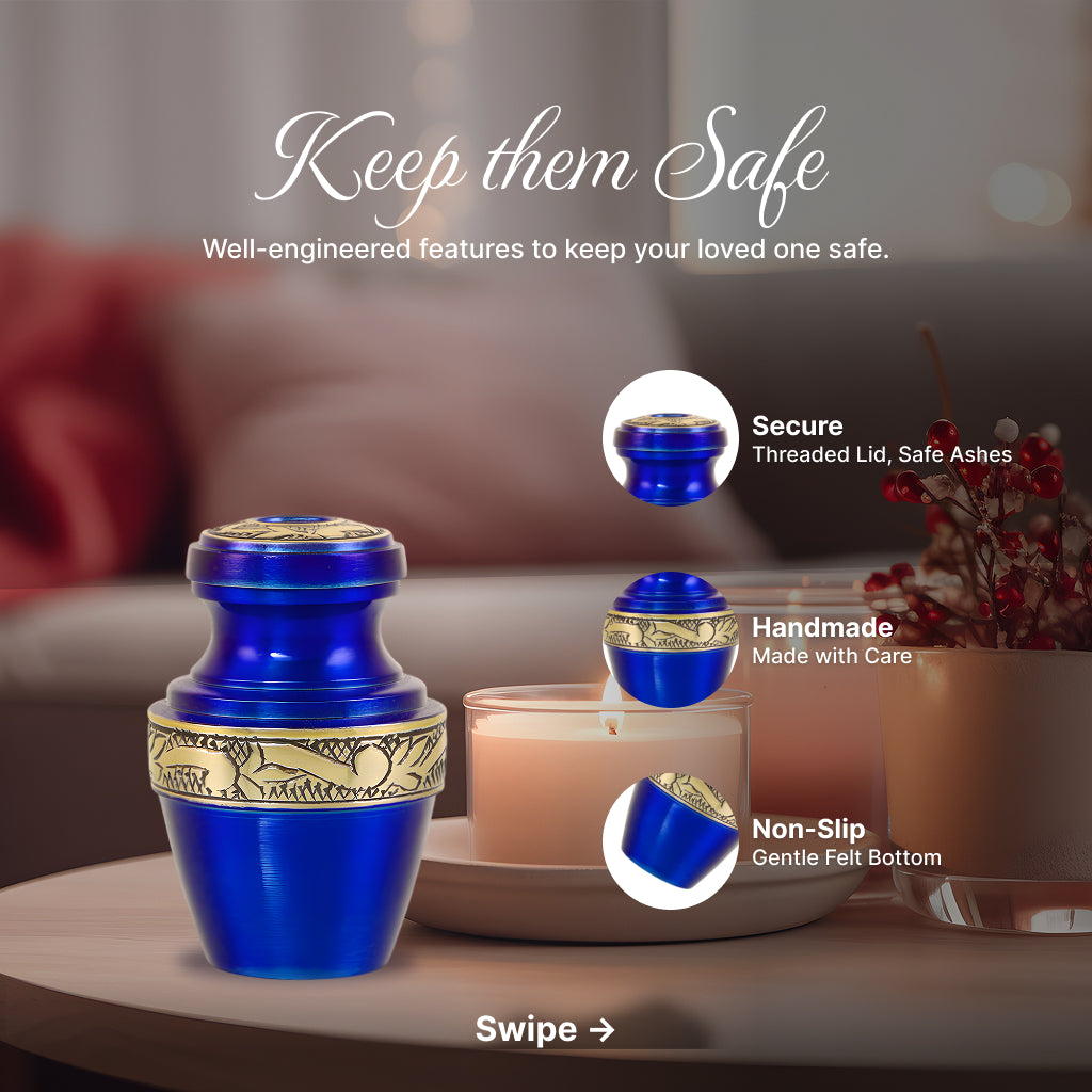 Blue & Gold Engraved Grecian Cremation Urn