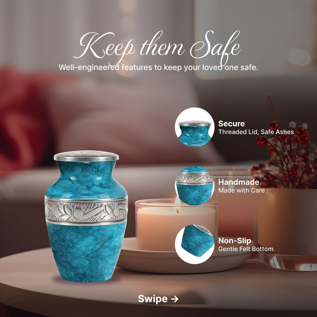 Blue Teal Marble & Silver Hand-Engraved Cremation Urn