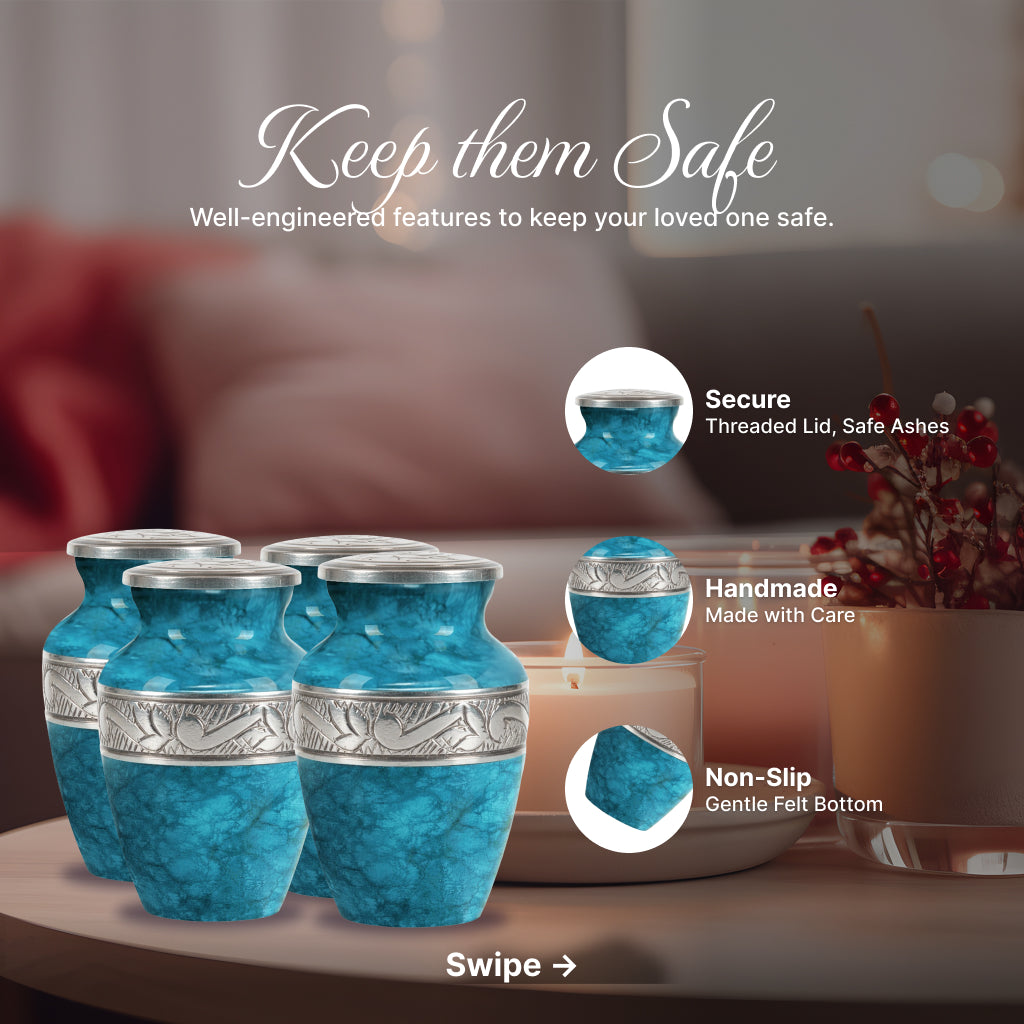 Blue Teal Marble & Silver Hand-Engraved Cremation Urn