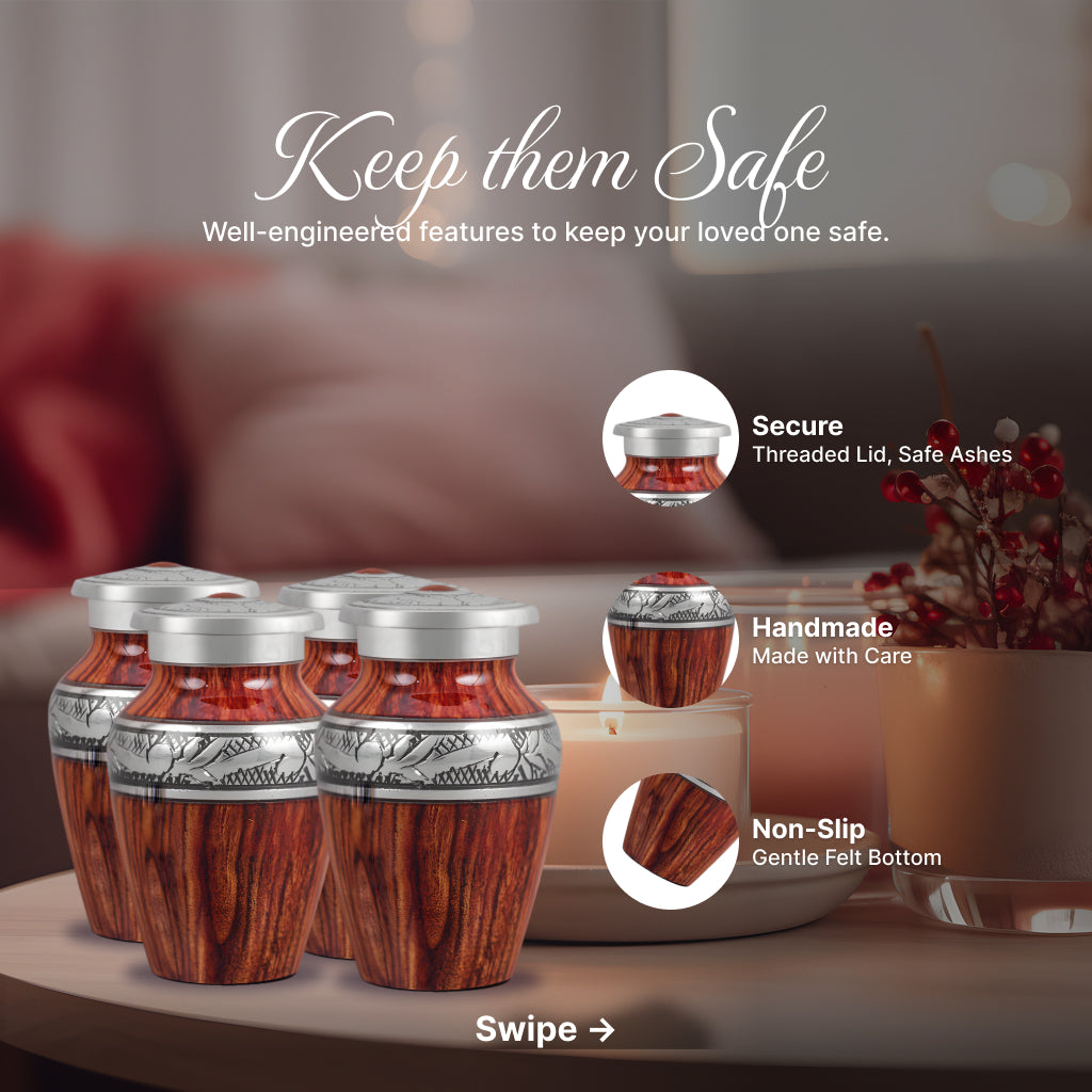 Printed Wood & Silver Hand-Engraved Cremation Urn